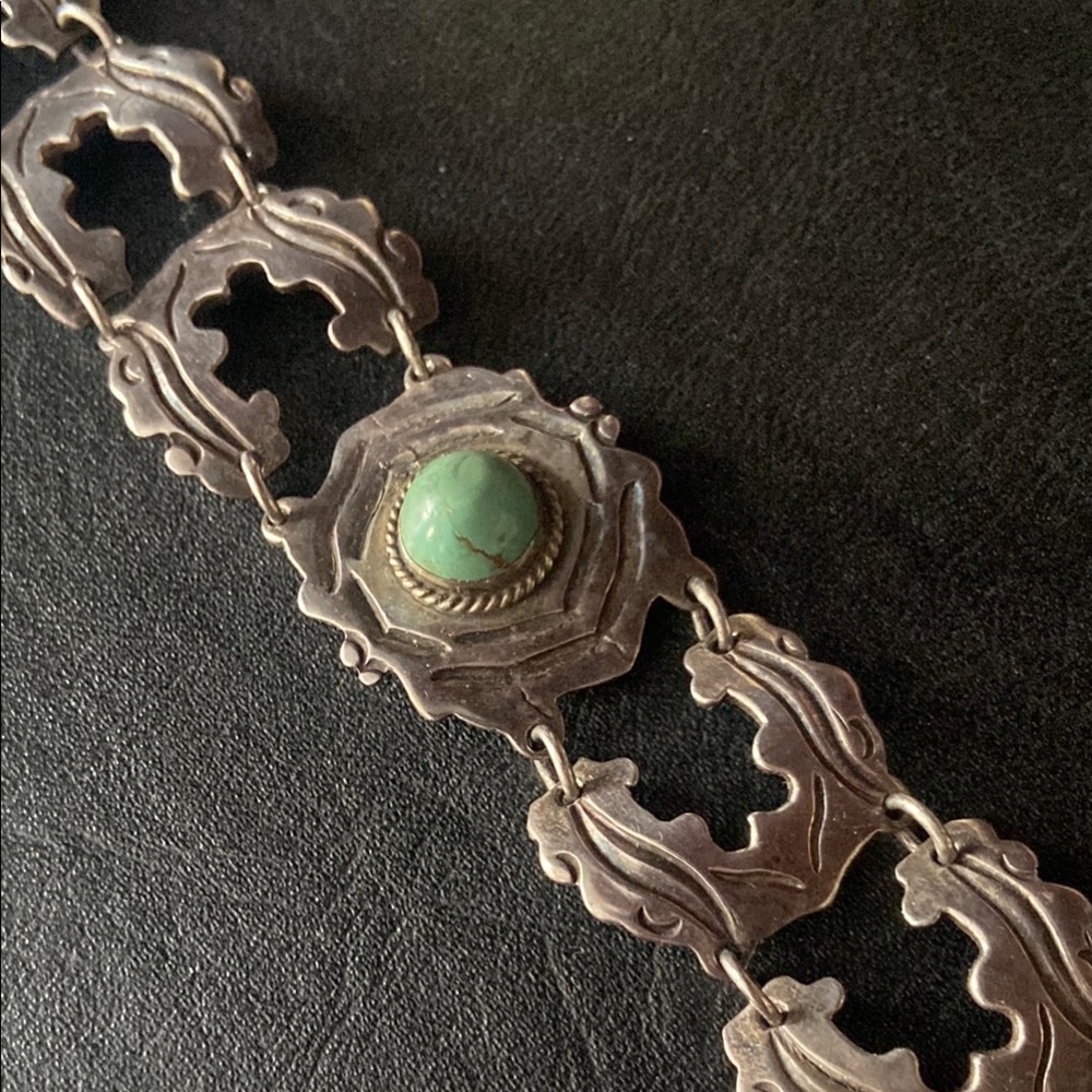Vintage Taxco 980 Sterling Silver Bracelet with Turquoise Cabochon - Picture 1 of 11